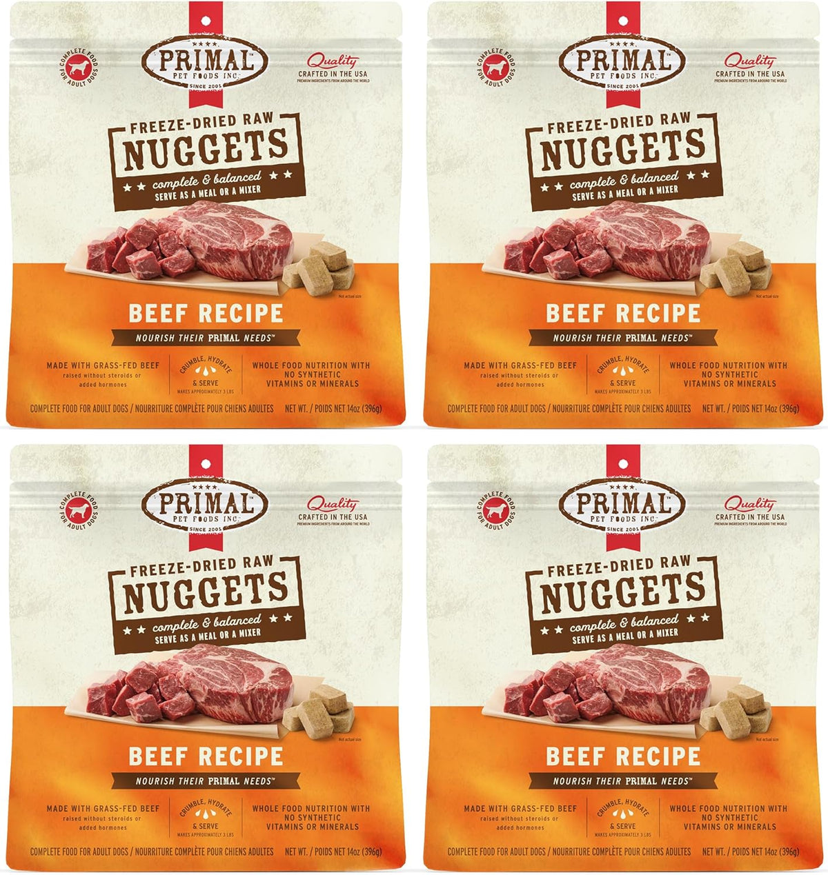 Primal Freeze Dried Dog Food Nuggets, Beef; Complete & Balanced Meal; Also Use as Topper or Treat;