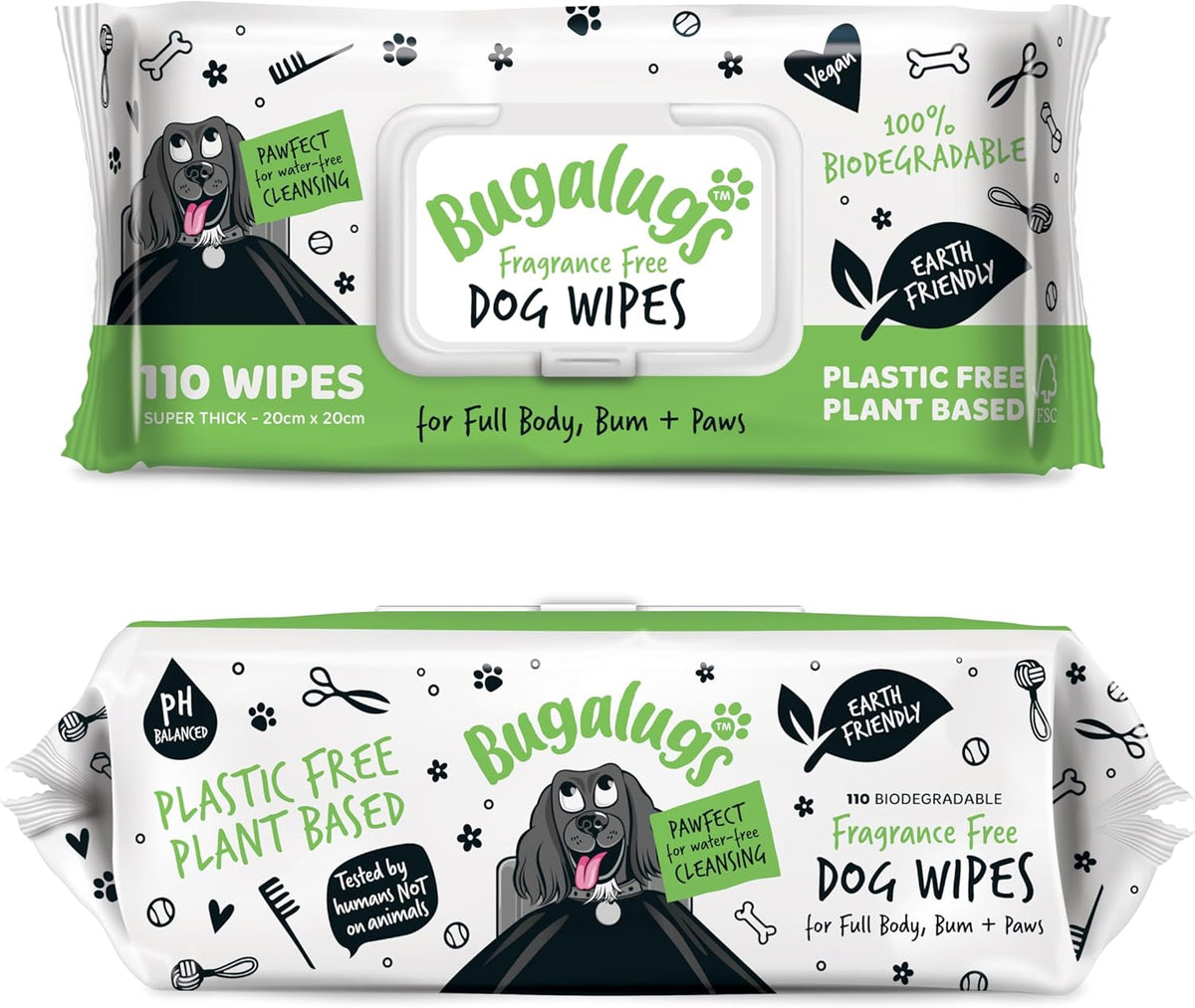 BUGALUGS Dog Wipes, 100% Plastic Free Biodegradable pet Wipes for Full Body, Eye Wipes, Ear Wipes