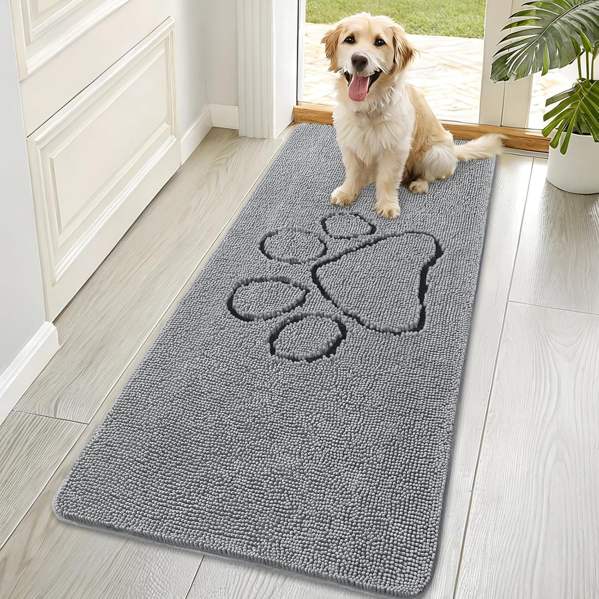 OLANLY Door Mat for Muddy Dog Paws 70x35, Ultra Absorbent Chenille Mud Doormat with Paw Print