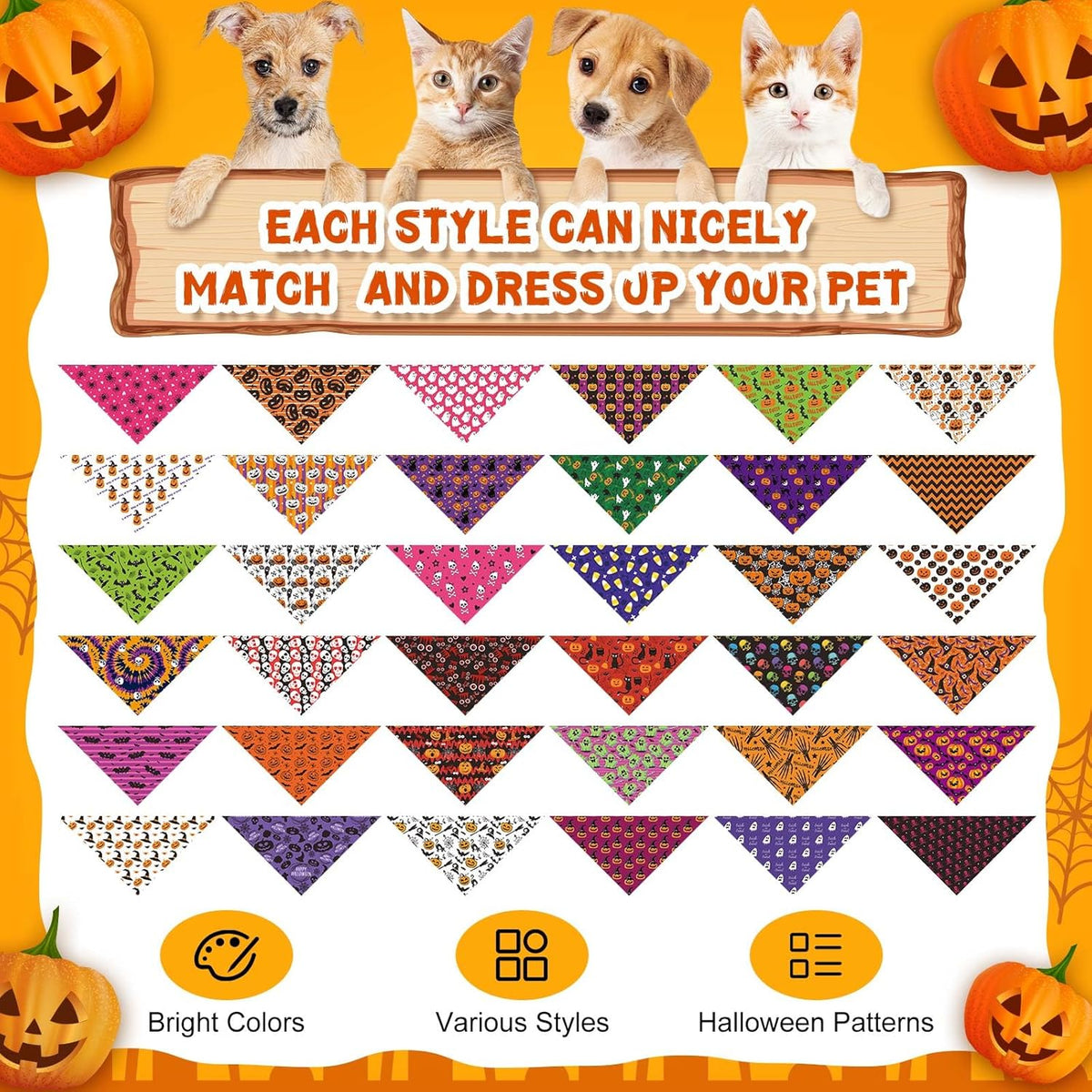 72 Pcs Halloween Dog Bandanas Bulk Pumpkin Triangle Scarf Cat Bibs Puppy Scarf Pet Bandanas Photo