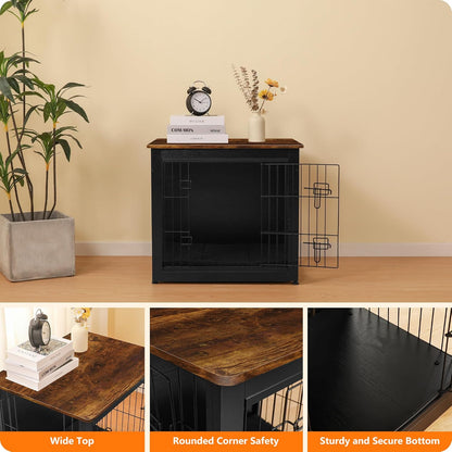 DWANTON Dog Crate Furniture with Cushion, Wooden Kennel Table with Double Doors, Indoor Dog House