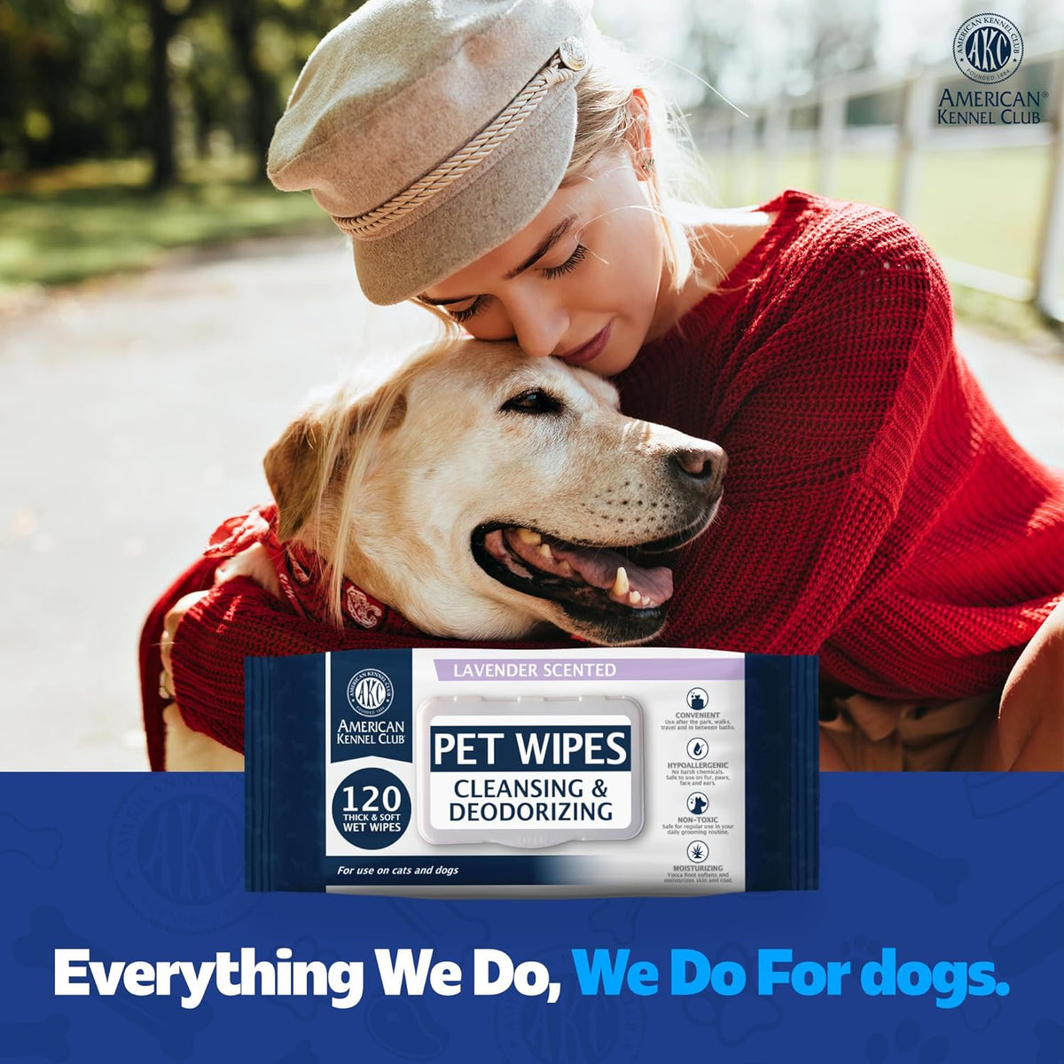 AKC Pet Wipes for Dogs & Cats – Hypoallergenic, Alcohol-Free Wipes for Paws, Face, Ears & Coat