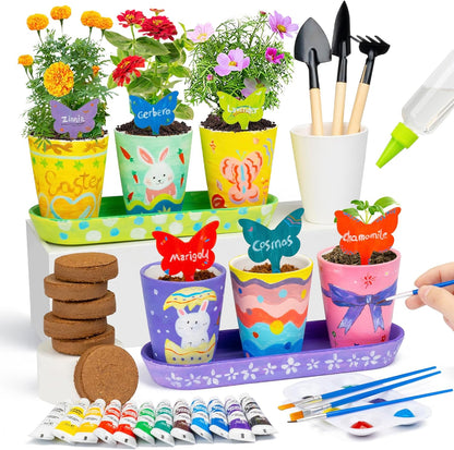 RGBDOT Kids Gardening Set Paint and Plant Stoneware Flower Growing Kit with 6 Pots and Gardening