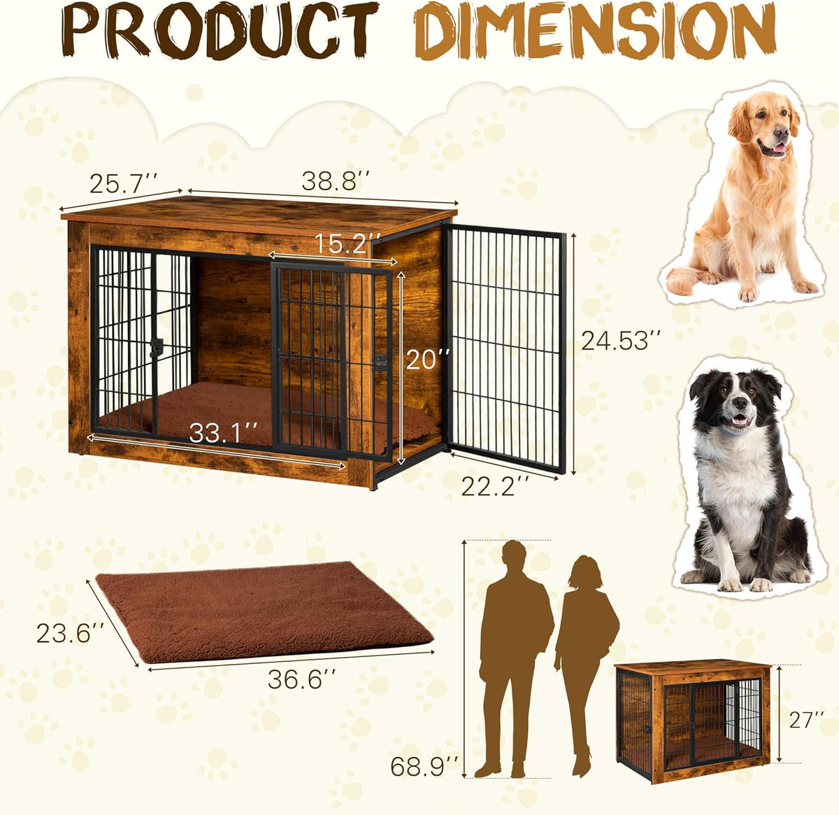 Bigrab Dog Crate Furniture with Thick Cushion, Side End Table Wooden Dog Cage with Double Doors