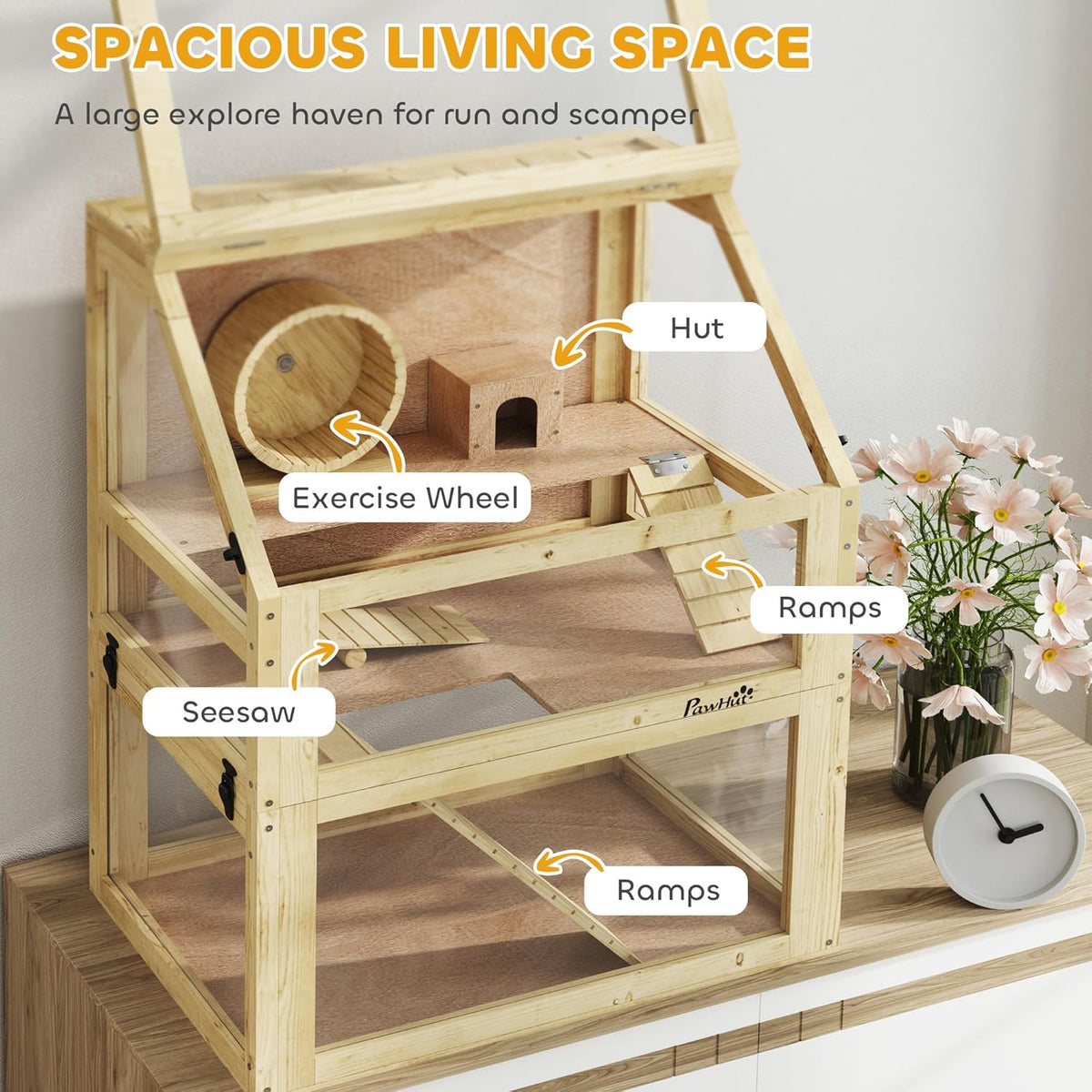 PawHut Wooden Hamster Cage, 3 Tier Small Animal Cage with Detachable 12.6" Deep Bottom, Hut