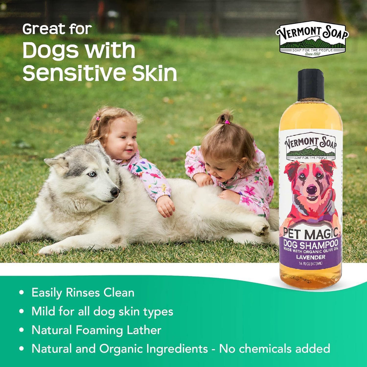 VERMONT SOAP Organics Pet Shampoo - Infused with Organic & Natural Olive Oil, Coconut & Aloe Vera
