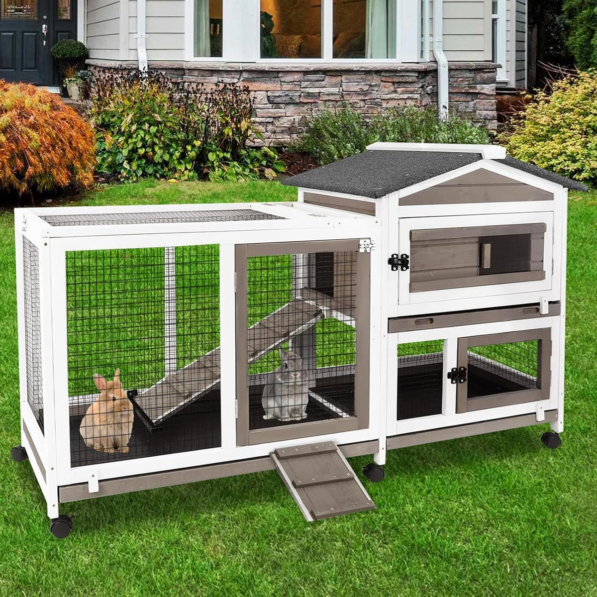 57" L Rabbit Hutch Indoor Outdoor 2 Story Large Bunny Hutch with Run Guinea Pig Cage Wooden Rabbit