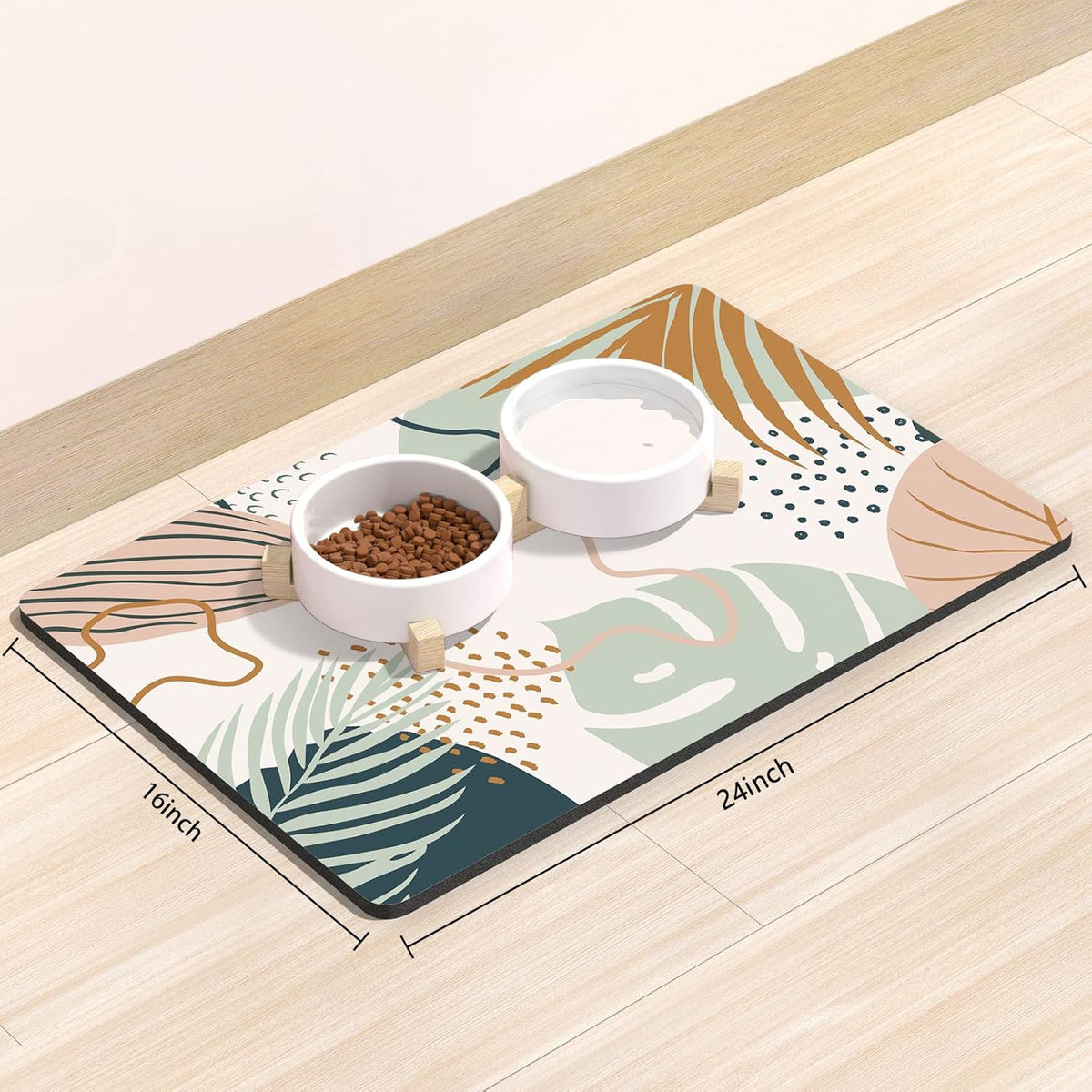 Rnivvi Dog Food Mat, 16" x 24" Boho Absorbent Dog Cat Bowl Mat for Food and Water, Cute Anti-Slip