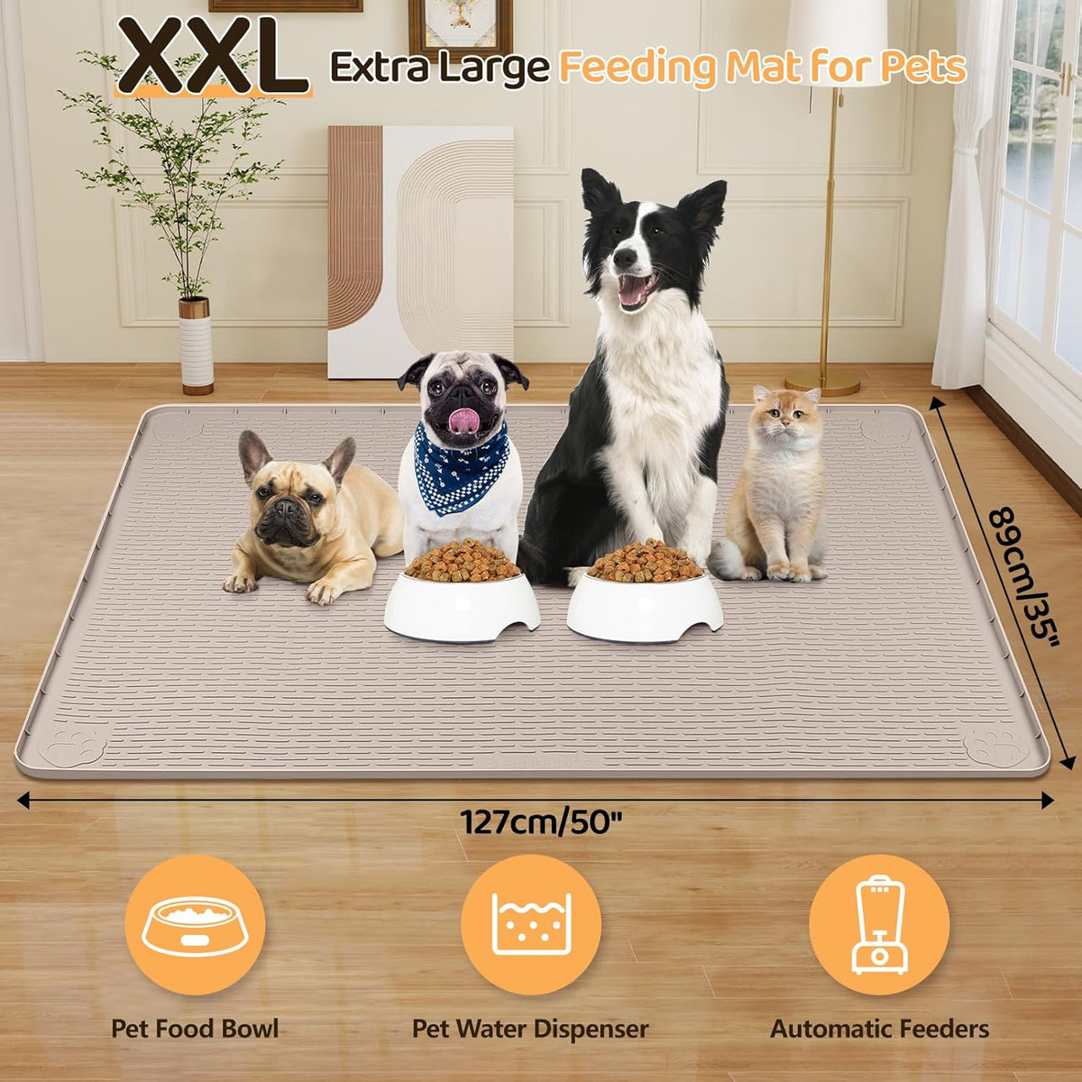 Dog Food Mat, Extra Large 50" x 35" Silicone Pet Feeding Mat with Raised Edge Pet Placemat for