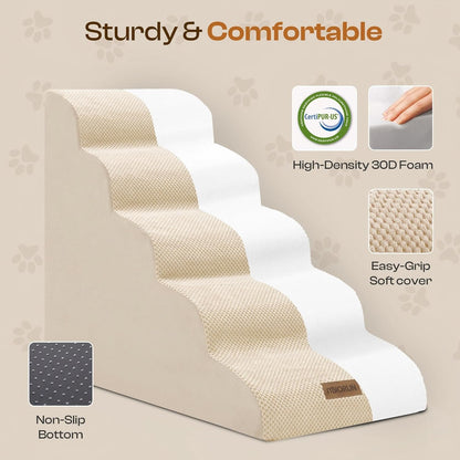 Dog Stairs for High Beds, Extra Tall 24.5" 5-Step Pet Steps for Medium & Small Dogs, Foam Ramp for