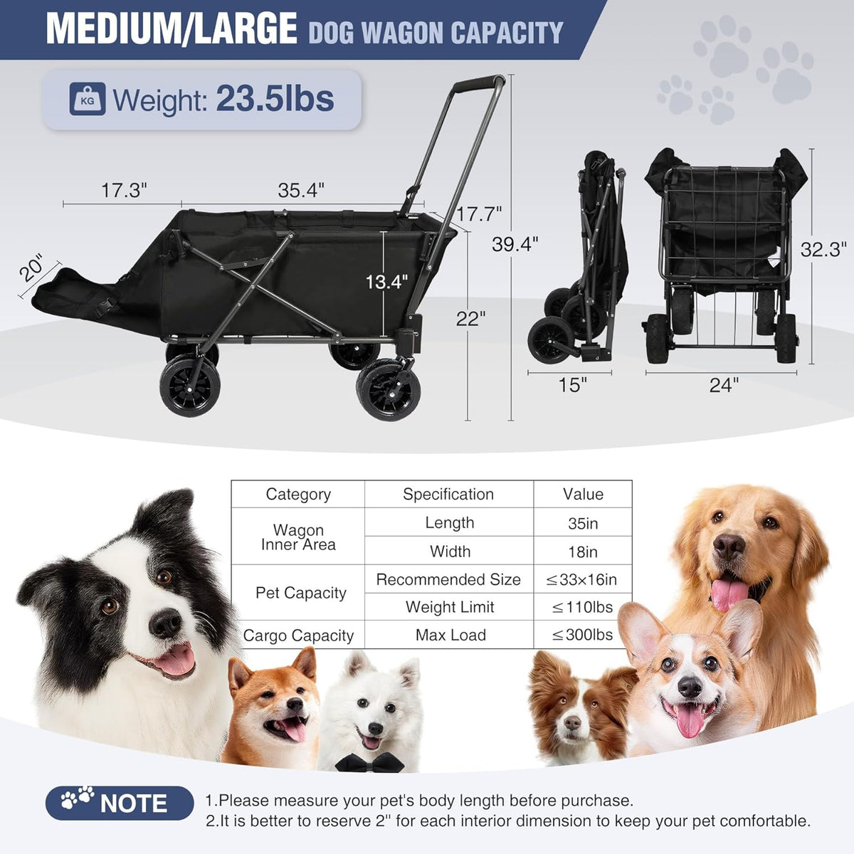 REDCAMP Folding Dog Wagon Cart with Extendable Rear End Heavy Duty, 220L Large Collapsible Utility