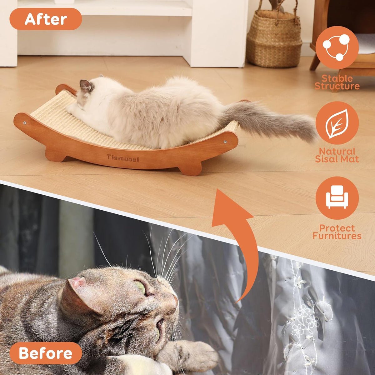 Sisal Cat Scratcher Bed, Beech Wood Cats Hammock,Cat Scratch Pad Indoor cat Toy,Durable Cat