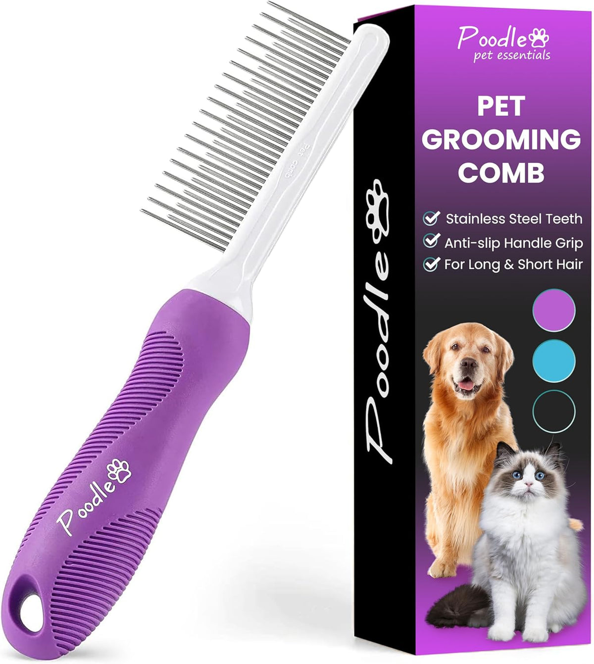 Poodle Pet Detangling Pet Comb with Long & Short Stainless Steel Teeth for Removing Matted Fur