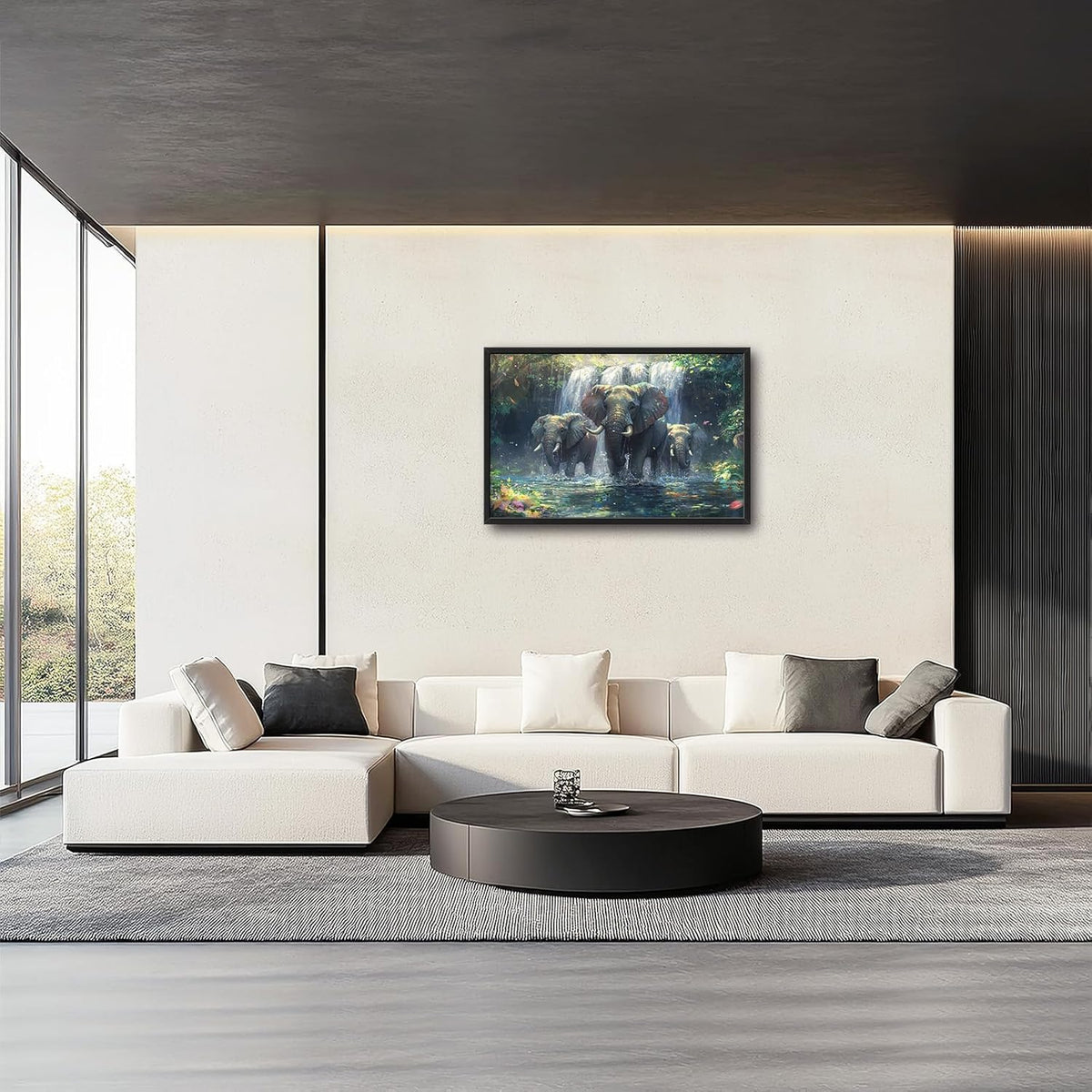Large Elephant Wall Art for Living Room, Framed Oversized Forest Waterfall Wall Decor, Nature