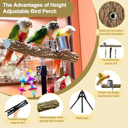 16-63 Inch Height Adjustable Bird Perch Pepper Wood Parrot Training Perch Stand with Feeding Cups
