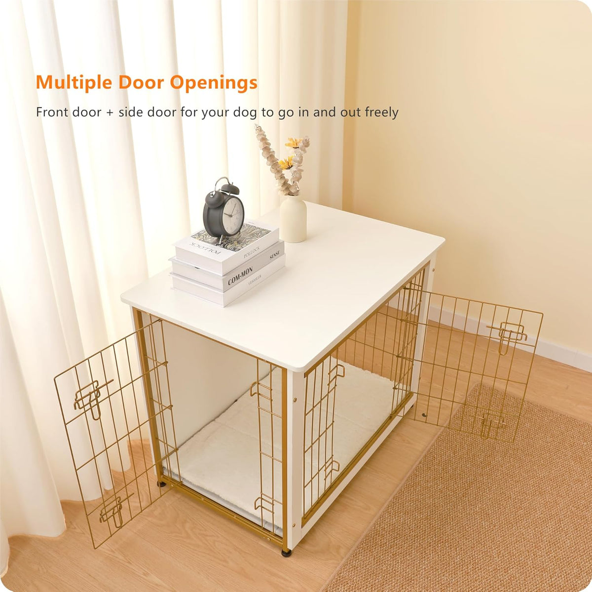 DWANTON Dog Crate Furniture with Cushion, Wooden Kennel Table with Double Doors, Indoor Dog House