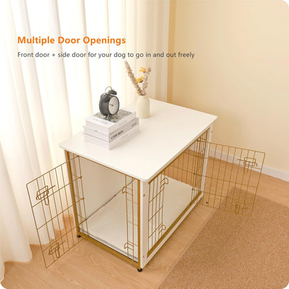 DWANTON Dog Crate Furniture with Cushion, Wooden Kennel Table with Double Doors, Indoor Dog House