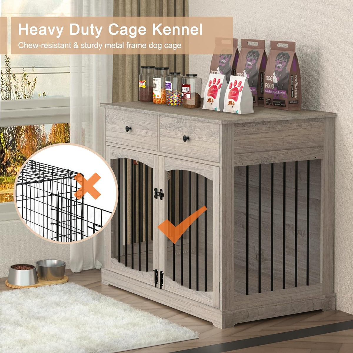 BREEZEHEAT 40 inch Dog Crate Furniture-Farmhouse Dog Kennel with Drawers-End Table Wooden Pet