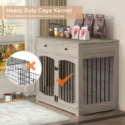 BREEZEHEAT 40 inch Dog Crate Furniture-Farmhouse Dog Kennel with Drawers-End Table Wooden Pet