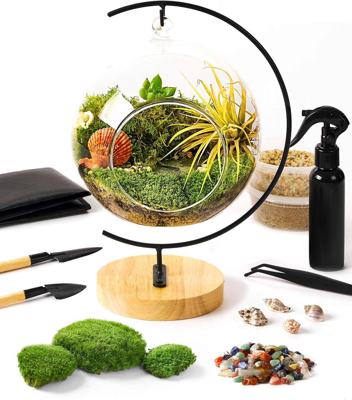 15-Piece Terrarium Kit with Live Moss – DIY Glass Globe Set with Tools, Soil, Stones & Spray Bottle