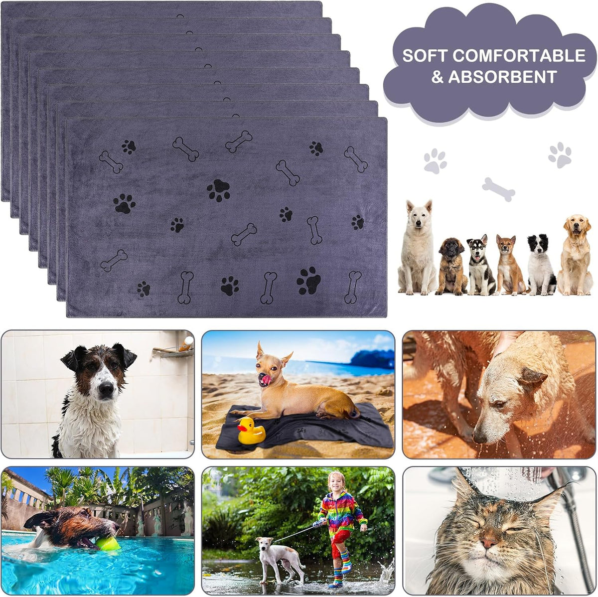 Chumia 8 Pcs Dog Towels for Drying Dogs Cats Pet Towels Bulk Puppy Microfiber Quick Drying Paw Bath