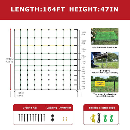 Electric Fence Netting, 164'L x 47.2" H Electric Chicken Fence Kit for Livestock, Farms, Backyards