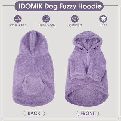 IDOMIK Fuzzy Dog Sweater with Adjustable Hood, Warm Fleece Dog Sweater Hoodie with Harness Hole &