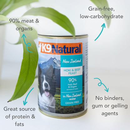 K9 Natural Wet Dog Food Pate, Hoki & Beef Feast, 13 Oz Cans (Pack of 12), Grain Free, Made in New