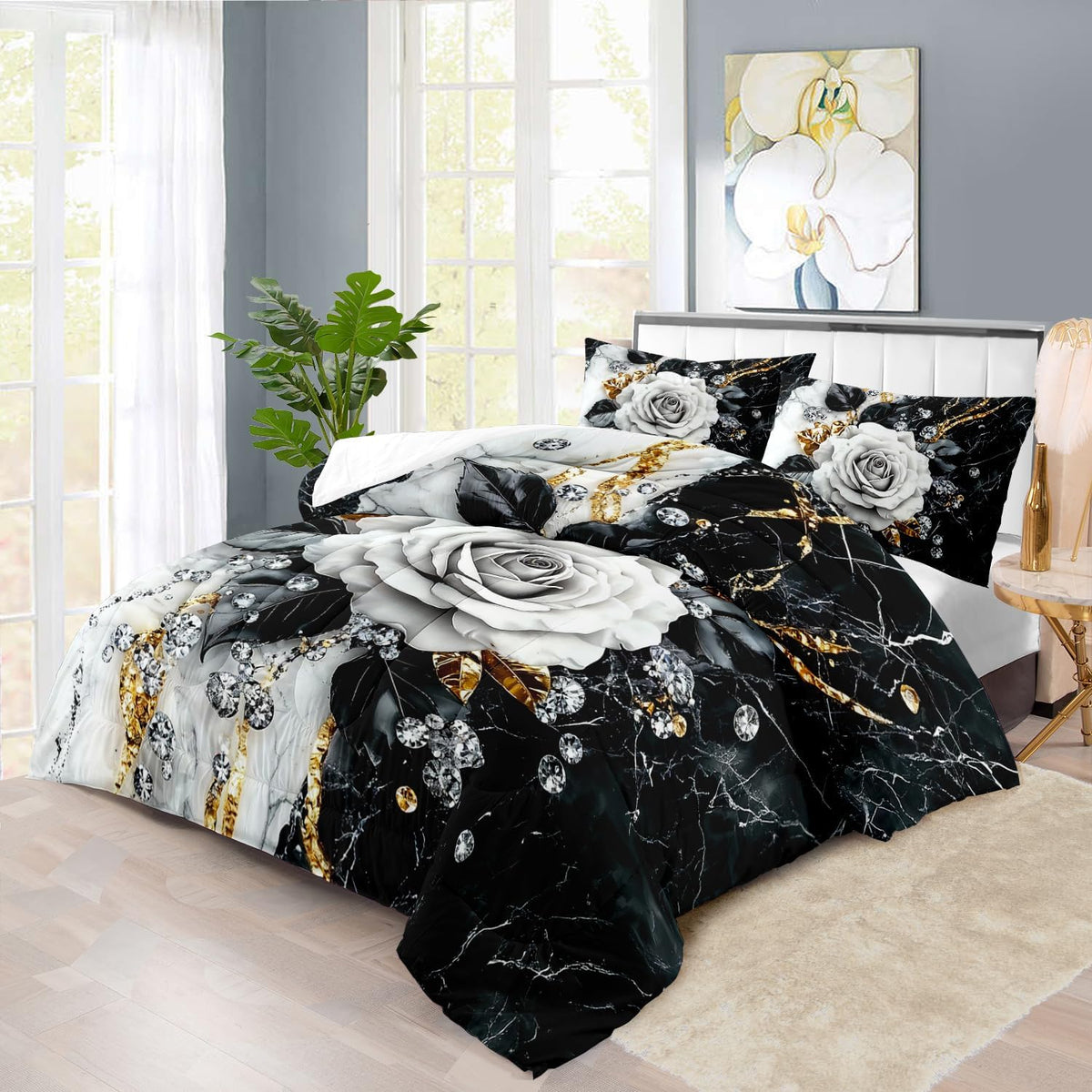 Marble Floral Comforter Set for King Bed Women,Vintage Flower Bedding Set King,White and Black