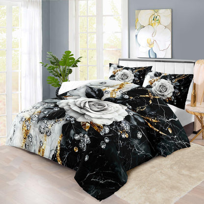 Marble Floral Comforter Set for King Bed Women,Vintage Flower Bedding Set King,White and Black