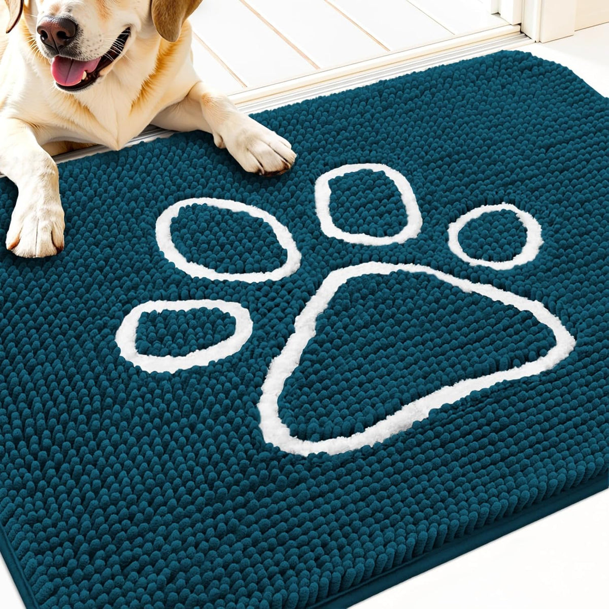 OLANLY Door Mat for Muddy Dog Paws 30x20, Absorbent Chenille Mud Doormat with Paw Print Design