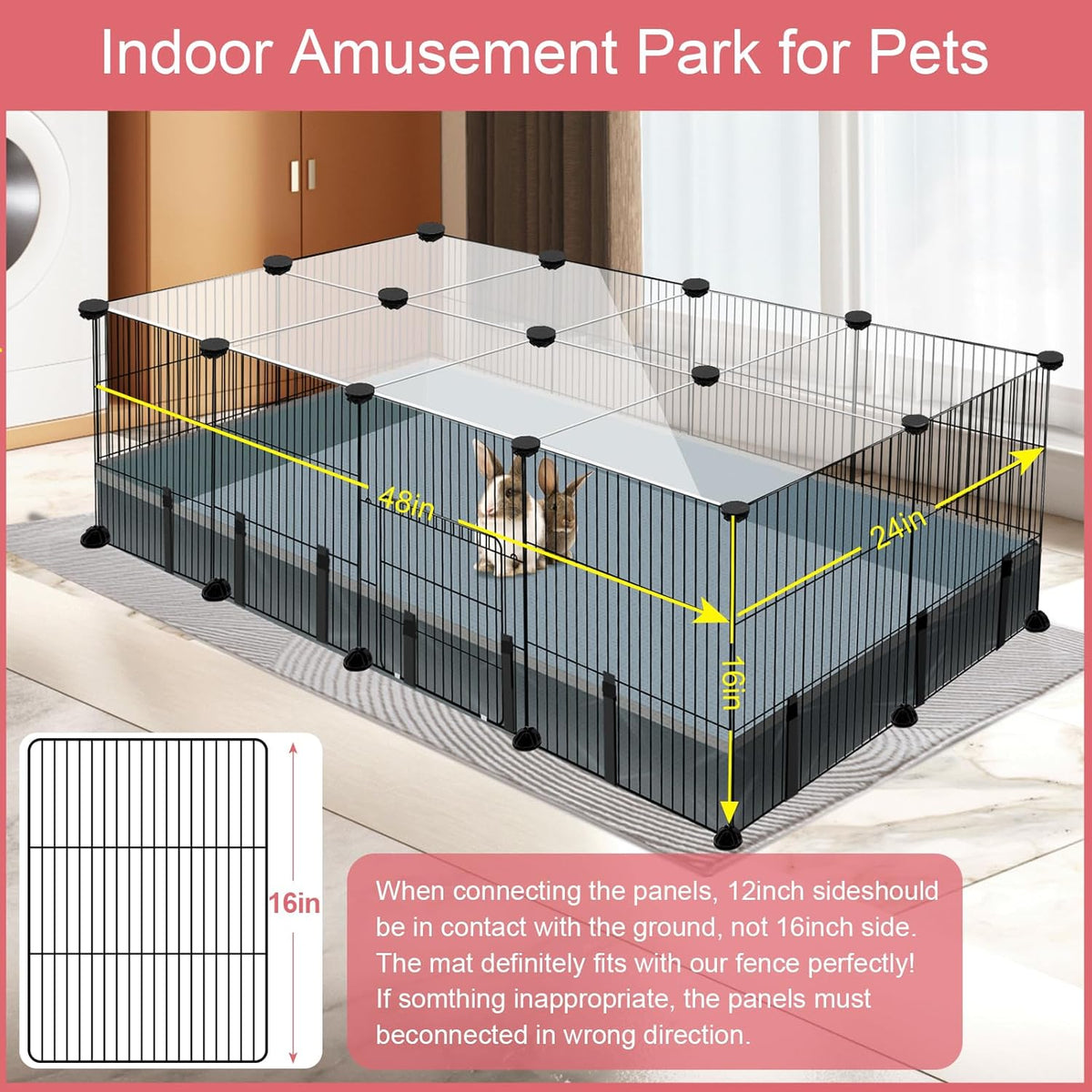 20 Panels Small Animal Playpen, 48" x 24" x 16" Pet Playpen with Waterproof Mat, C&C Cage for