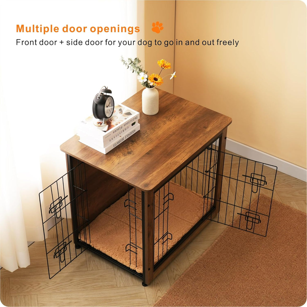 DWANTON Dog Crate Furniture with Cushion, Wooden Kennel Table with Double Doors, Indoor Dog House