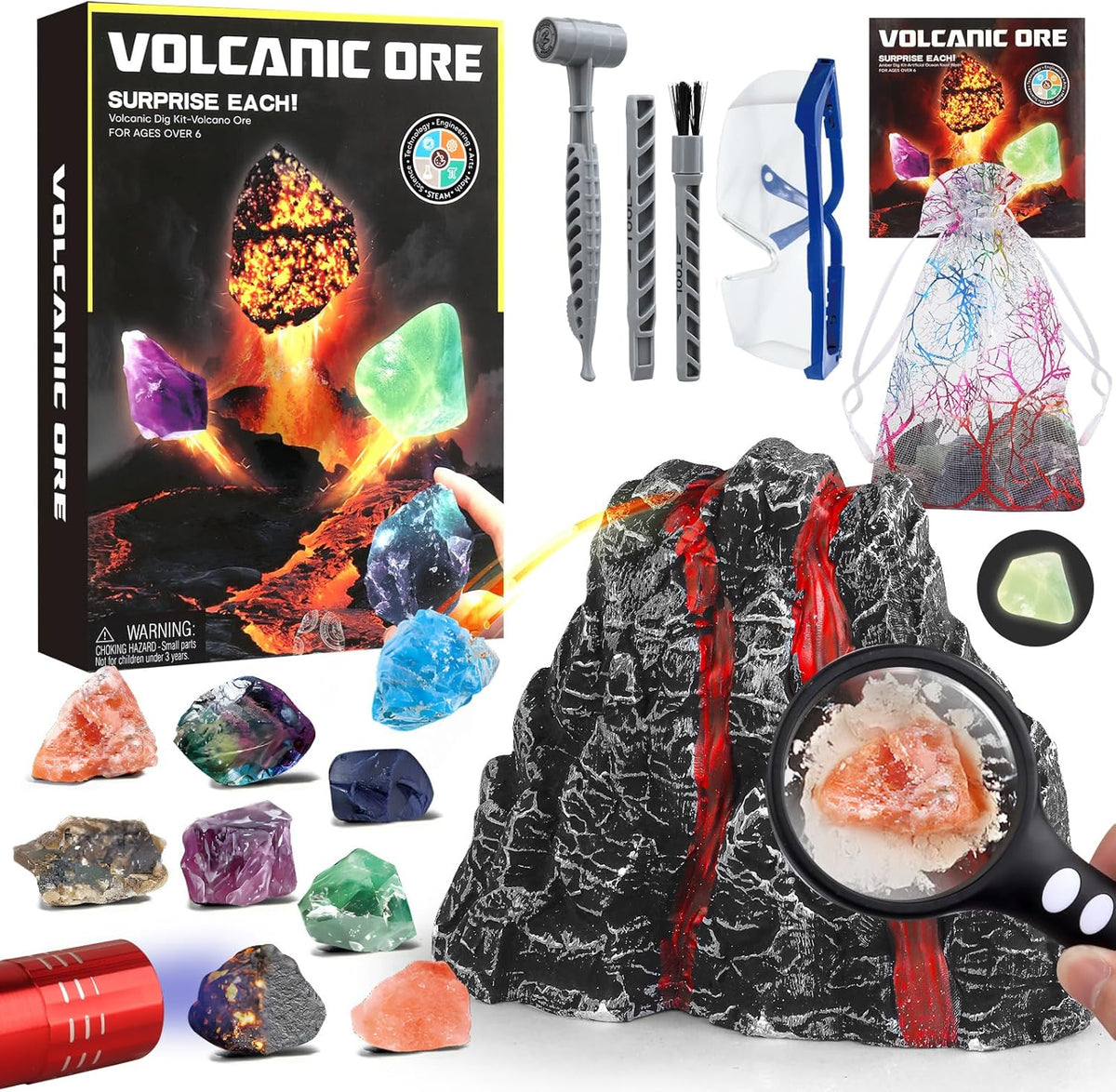 Volcano Dig Kit - 10 Rocks Excavation Kit, Gemstone Rocks for Kids, Fossil Volcano Toys Dig Kits