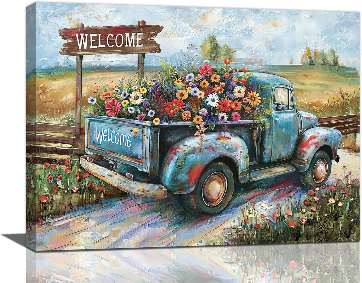 Farmhouse Truck Wall Art Rustic Country Wildflowers Wall Decor Road Flowers Landscape Pictures