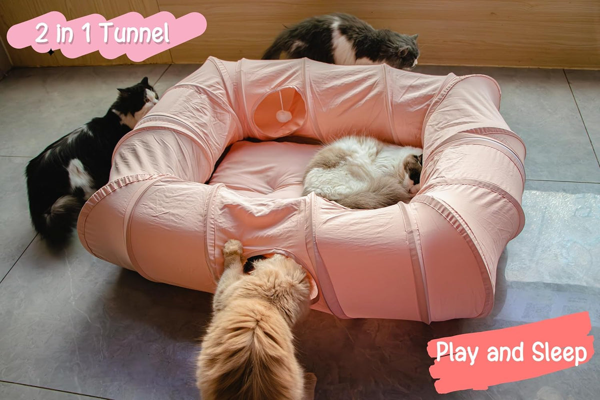 XxingSheep 4 Ways Shuttled XL Cat Tunnel Bed for Indoor Cats Peekaboo Cat Cave Donut with Cool Mat