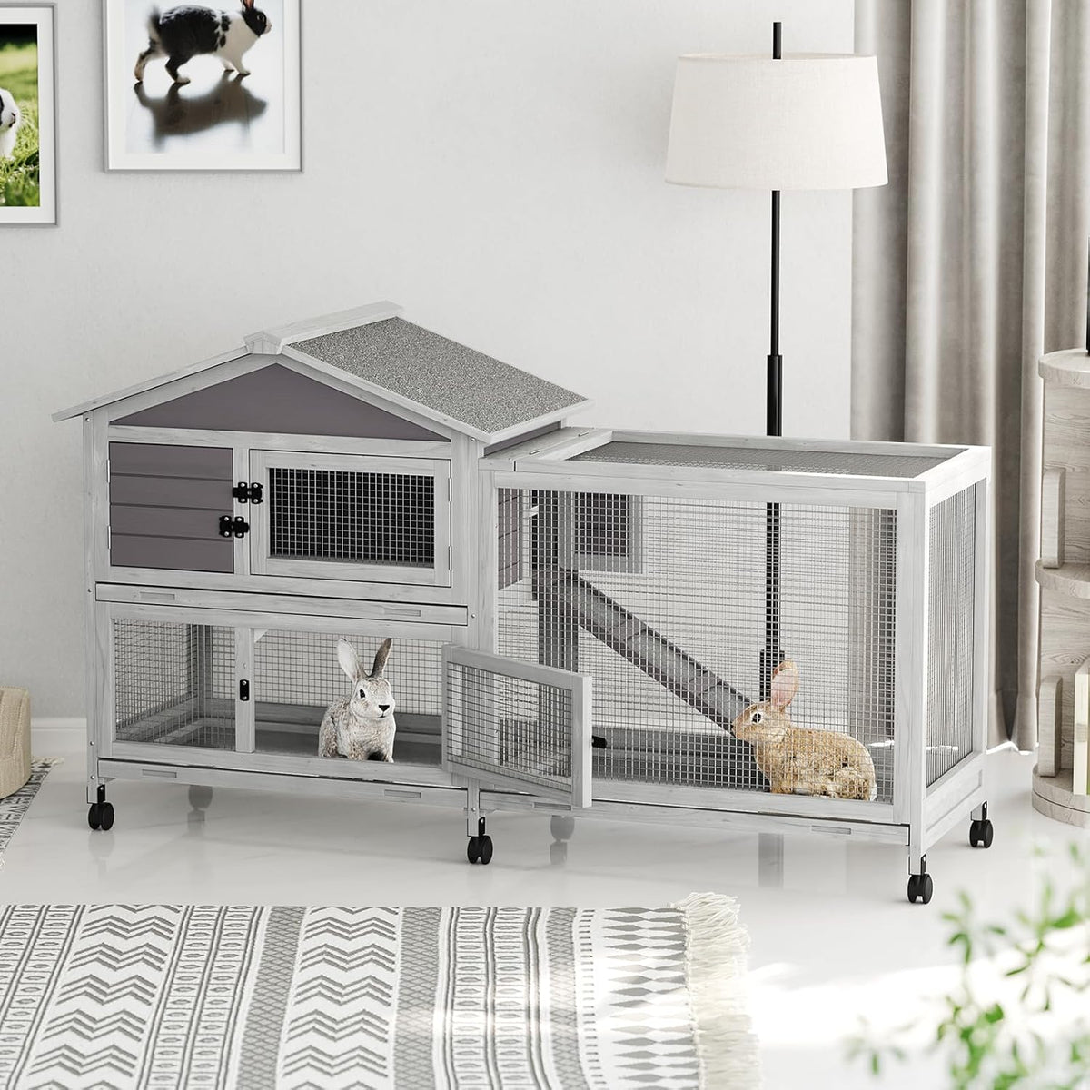 Rabbit Hutch 2-Tier, Small Wooden Chicken Coop with Wheels for Outdoor Use - Weatherproof Small