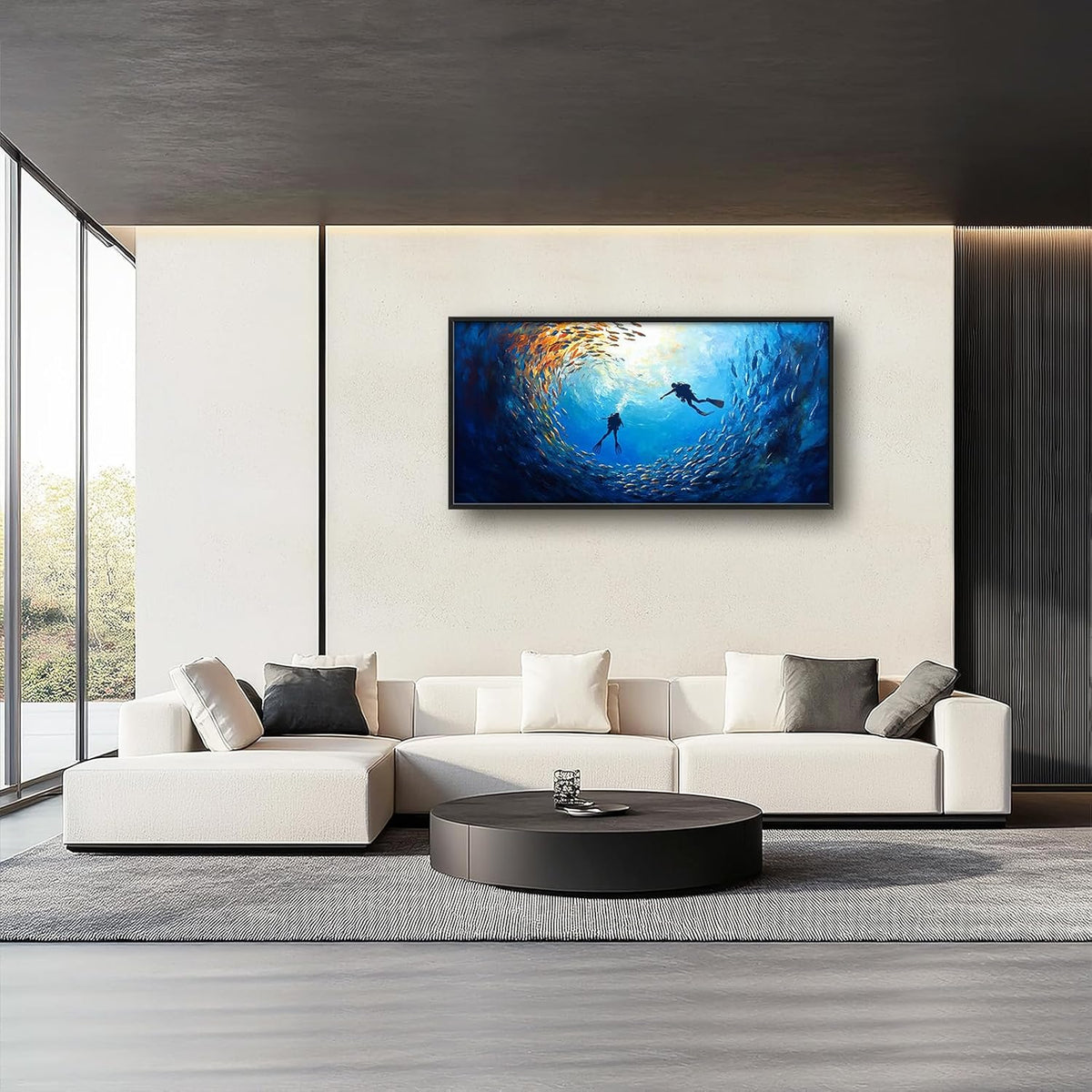 Large Ocean Diving Wall Art for Living Room, Framed Oversized Fish Wall Decor Underwater Marine
