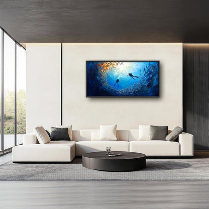 Large Ocean Diving Wall Art for Living Room, Framed Oversized Fish Wall Decor Underwater Marine