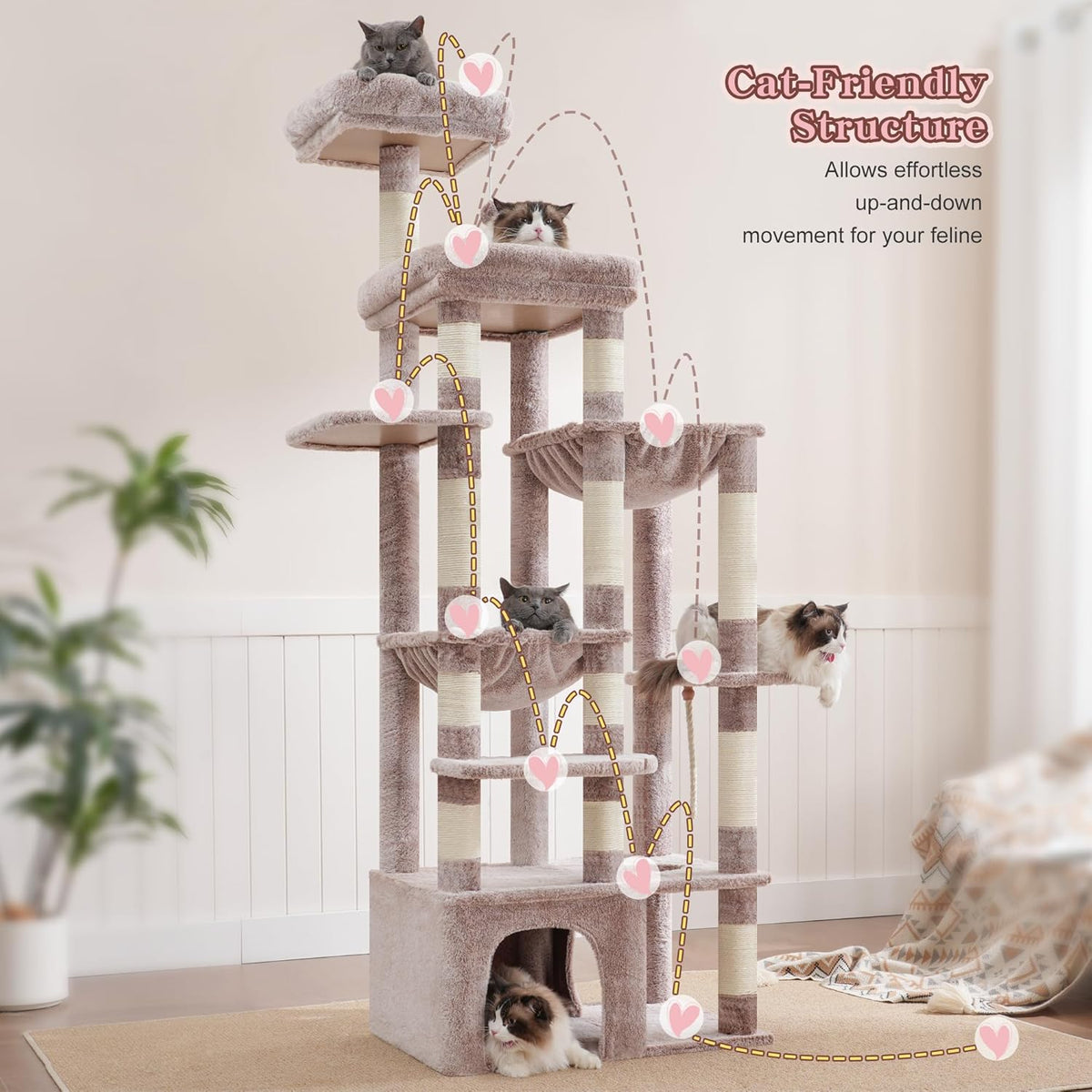 Heybly Heavy Duty Cat Tree, 71-Inch Tall Tower for Large Maine Coon with Extra-Large Baseboard, Cat