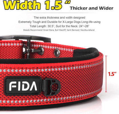 Fida Heavy Duty Dog Collar 1.5” Width, Ultra Soft Neoprene Padded, Adjustable Reflective Nylon Pet
