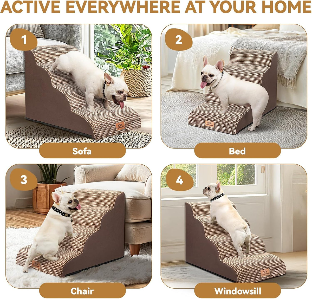 Dog Ramp and Stair for Bed 16" H-20 H,3-Step Cat Stair for Sofa and Chair,4-Step Dog Ramp for High