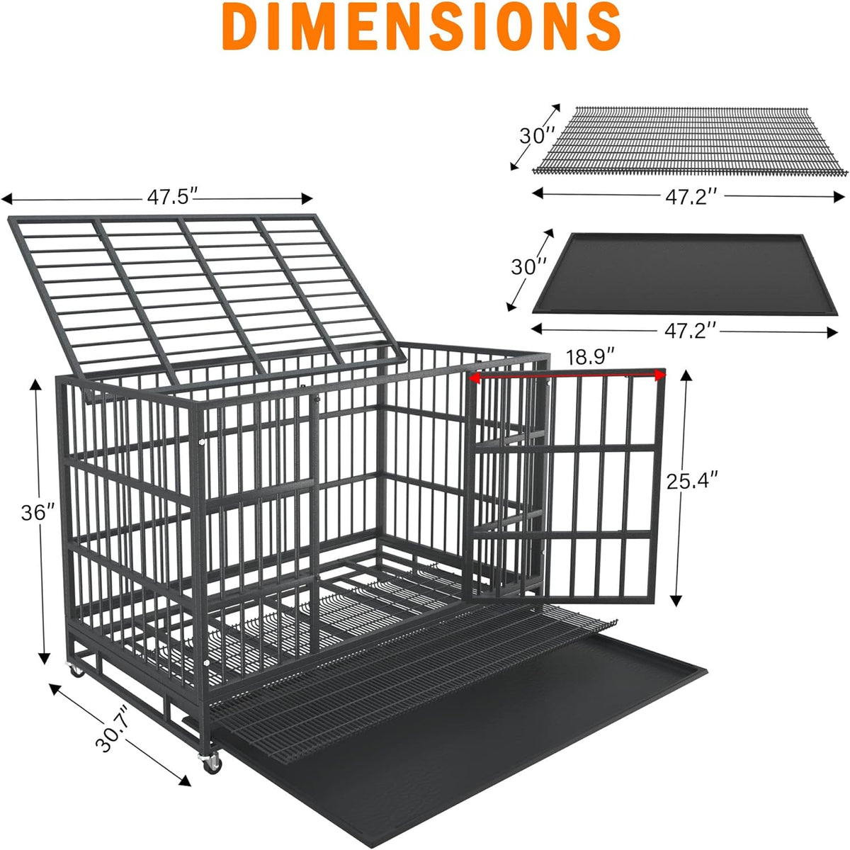 54/48/42/38 Inch Heavy Duty Dog Crate Cage with Wheels, Indestructible and Escape Proof Steel
