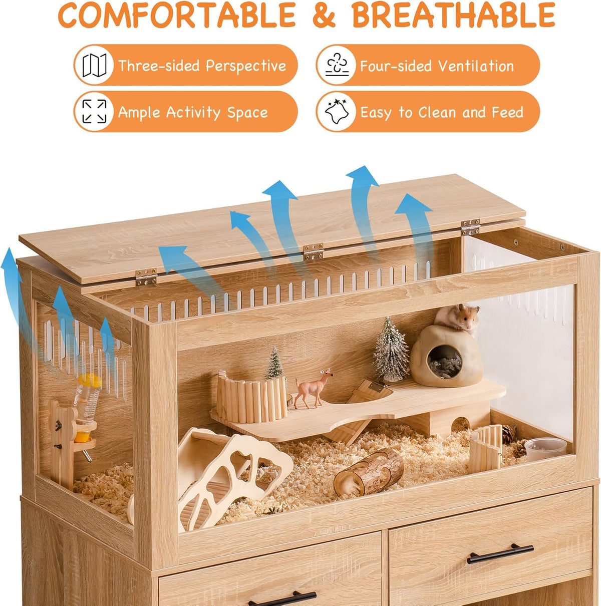 MEWOOFUN Large Hamster Cage, Hamster Cage and Habitats with Drawers and Storage Cabinet, Openable