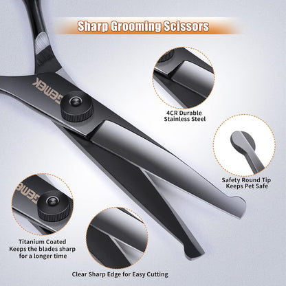 Dog Grooming Scissors Kit with Safety Round Tips, GEMEK Professional 6 in 1 Grooming Scissors for
