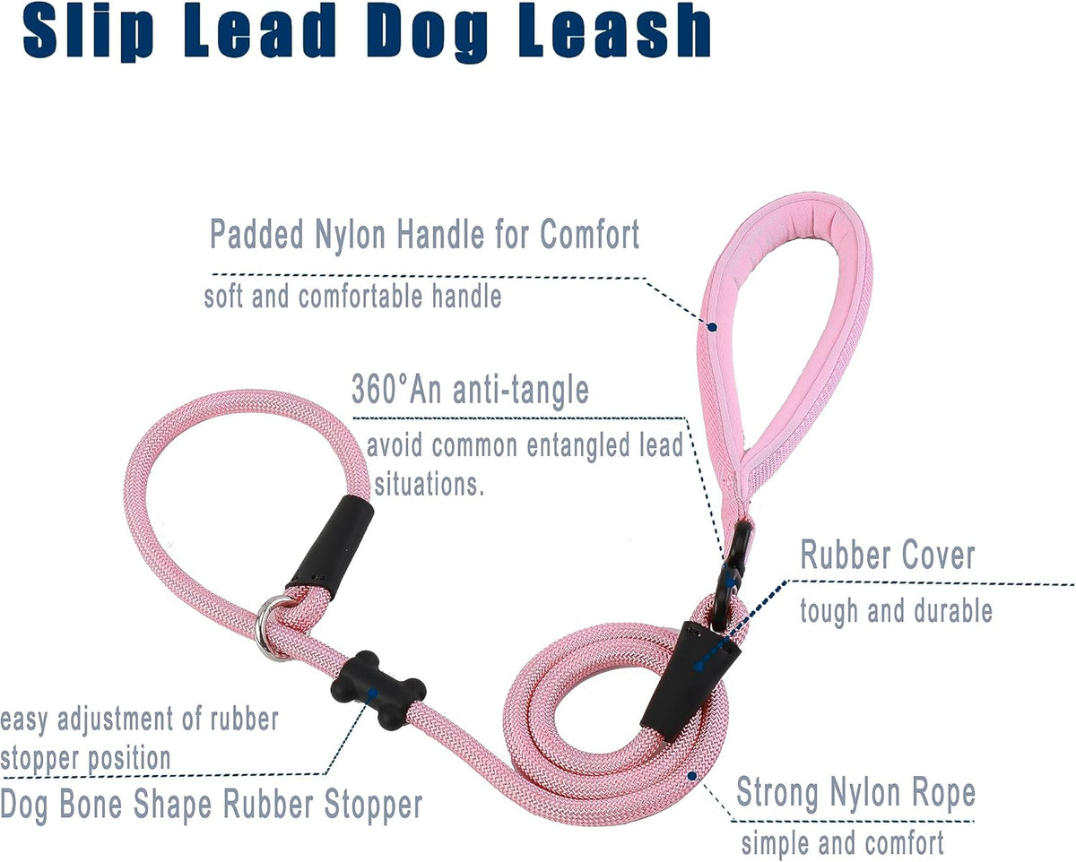 Slip Lead Dog Leash，Strong Nylon Rope Leash and Padded Handle,No Pull Outdoor Walking Training Lead
