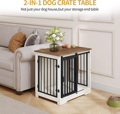 27.2" Dog Crate Furniture with Barn Door, Heavy Duty Dog Kennel Indoor with 2 Doors, Wooden Pet