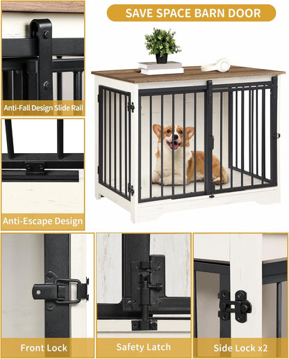 31.9" Dog Crate Furniture with Barn Door, Heavy Duty Dog Kennel Indoor with 2 Doors, Wooden Pet