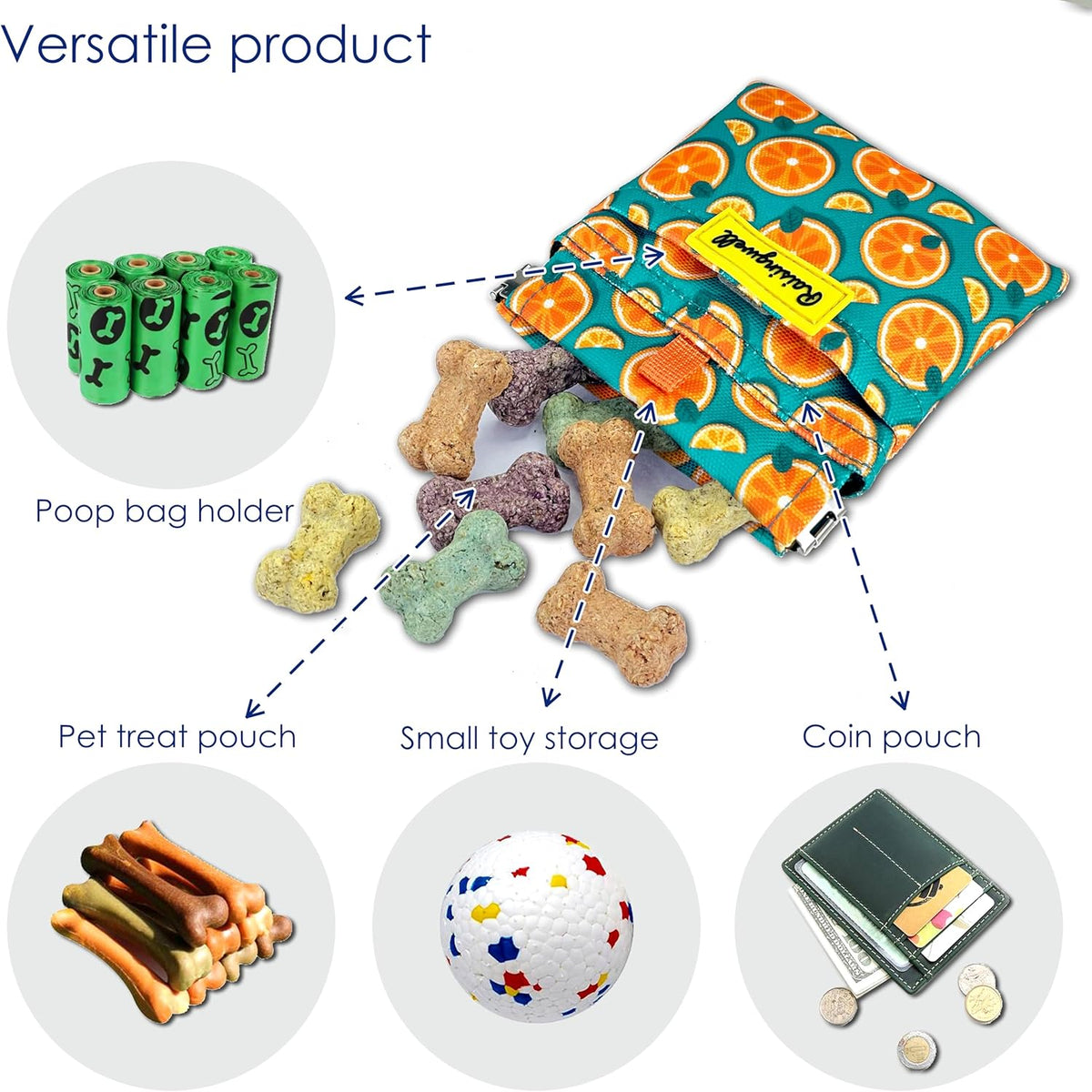 Dog Treat Pouch,Cotton Pocket Sized Training Holder, Hand Free Walking Funny Bag with Carabiner
