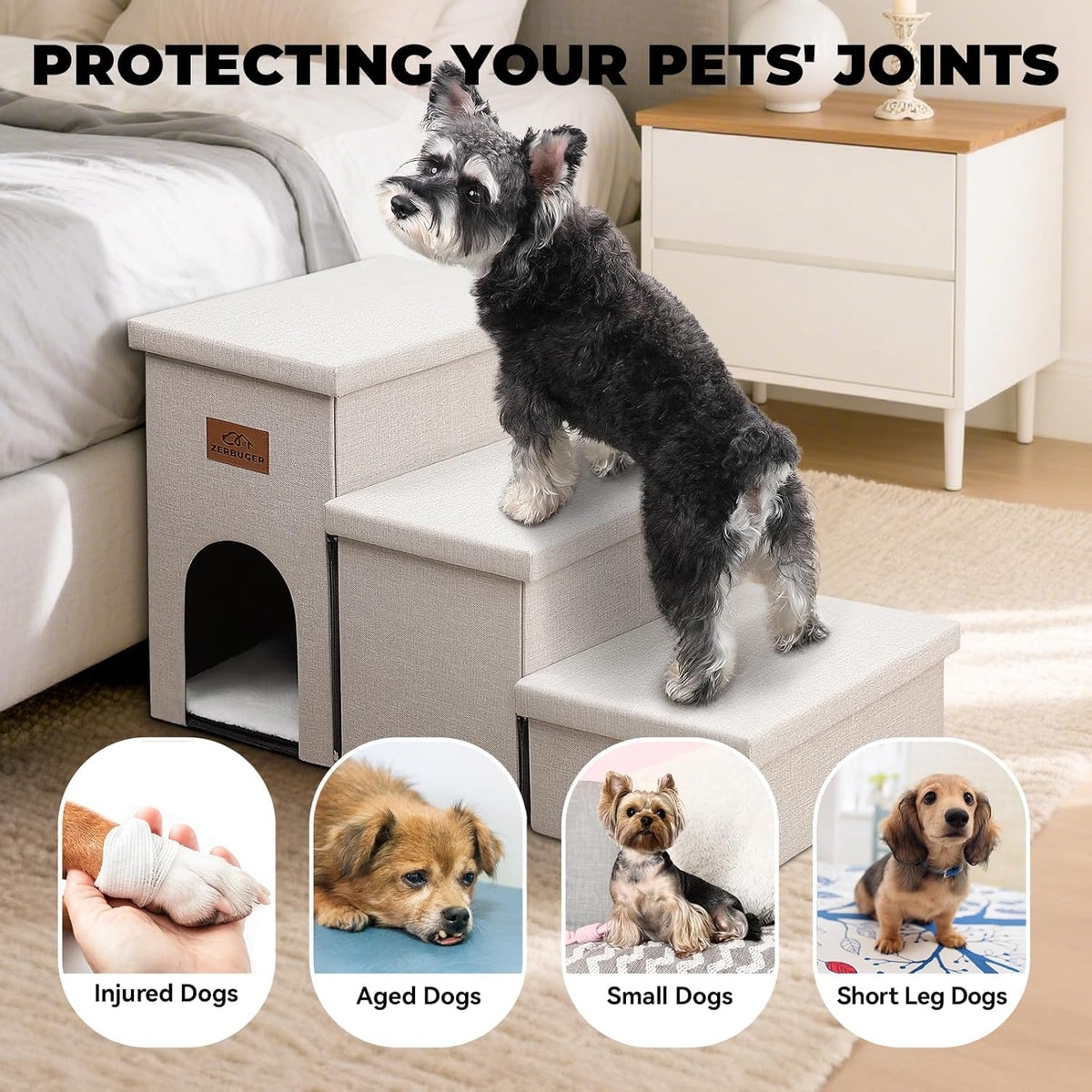 Dog Stairs with Condo 18" H, 3-Step Wider Dog Steps for High Beds Couch, Folding Storage Pet Stairs